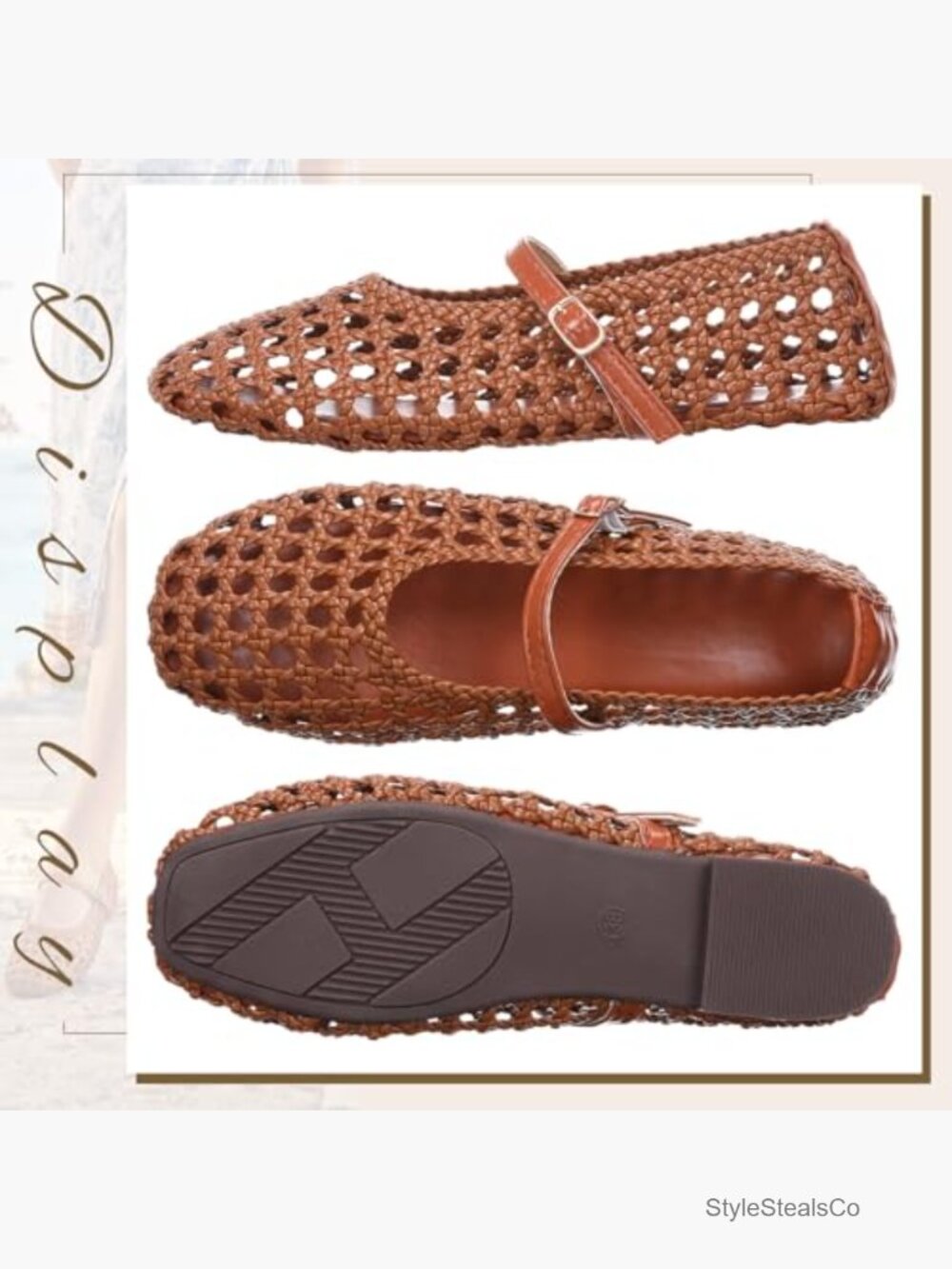 Woven Mary Jane Flats Ballet Mesh Square Toe Buckle Strap Work Flats Comfort - Picture 5 of 7